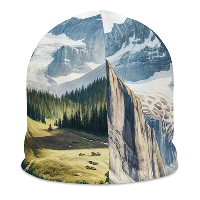 Aquarell-Panoramablick der Alpen mit schneebedeckten Gipfeln, Wasserfällen und Wanderern - Beanie (All-Over Print) wandern xxx yyy zzz