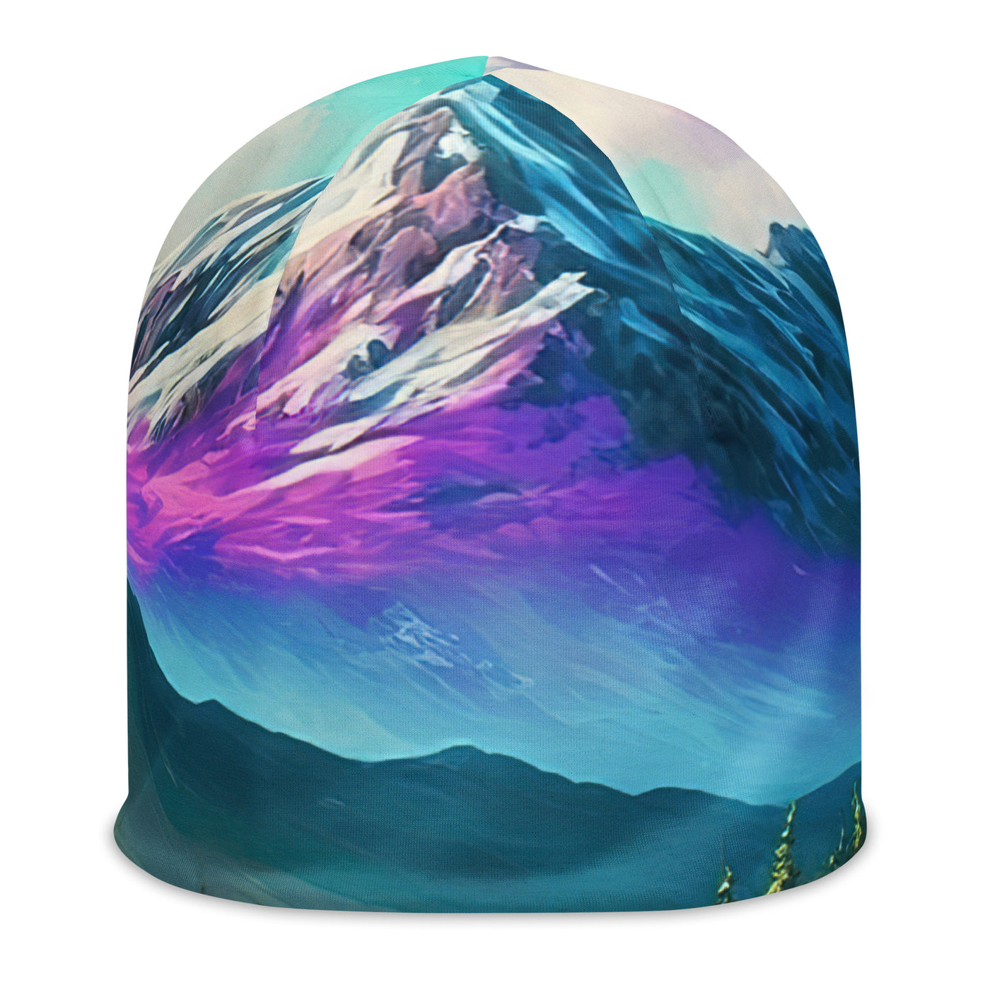 Berg, pinke Blumen und Wanderweg - Landschaftsmalerei - Beanie (All-Over Print) berge xxx