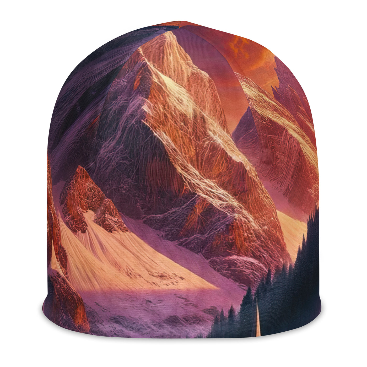 Magische Alpenstunde: Digitale Kunst mit warmem Himmelsschein über schneebedeckte Berge - Beanie (All-Over Print) berge xxx yyy zzz
