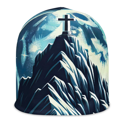 Mondnacht und Gipfelkreuz in den Alpen, glitzernde Schneegipfel - Beanie (All-Over Print) berge xxx yyy zzz