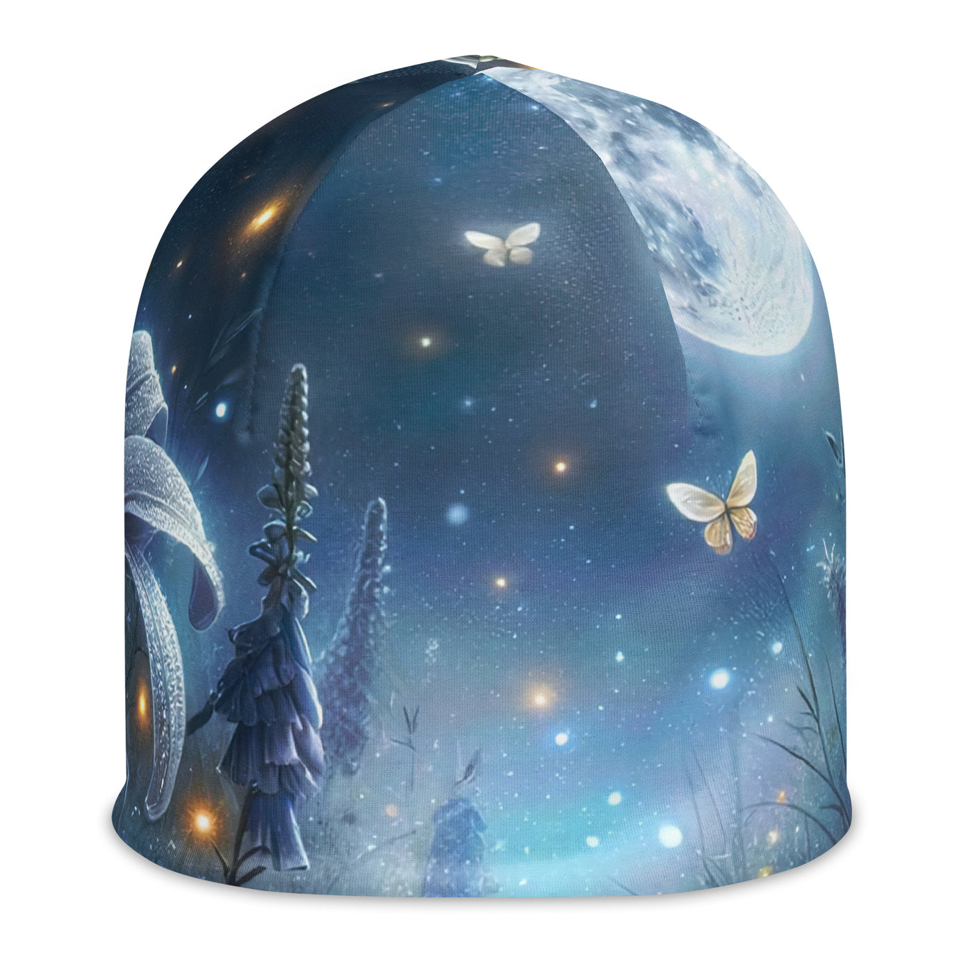 Ätherische Mondnacht auf blühender Wiese, silbriger Blumenglanz - Beanie (All-Over Print) camping xxx yyy zzz