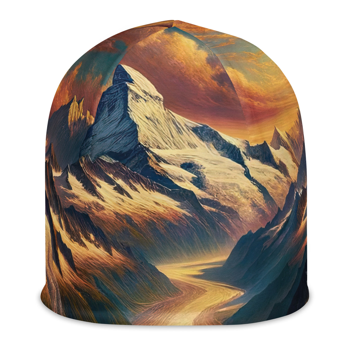 Ölgemälde eines Wanderers auf einem Hügel mit Panoramablick auf schneebedeckte Alpen und goldenen Himmel - Beanie (All-Over Print) wandern xxx yyy zzz L