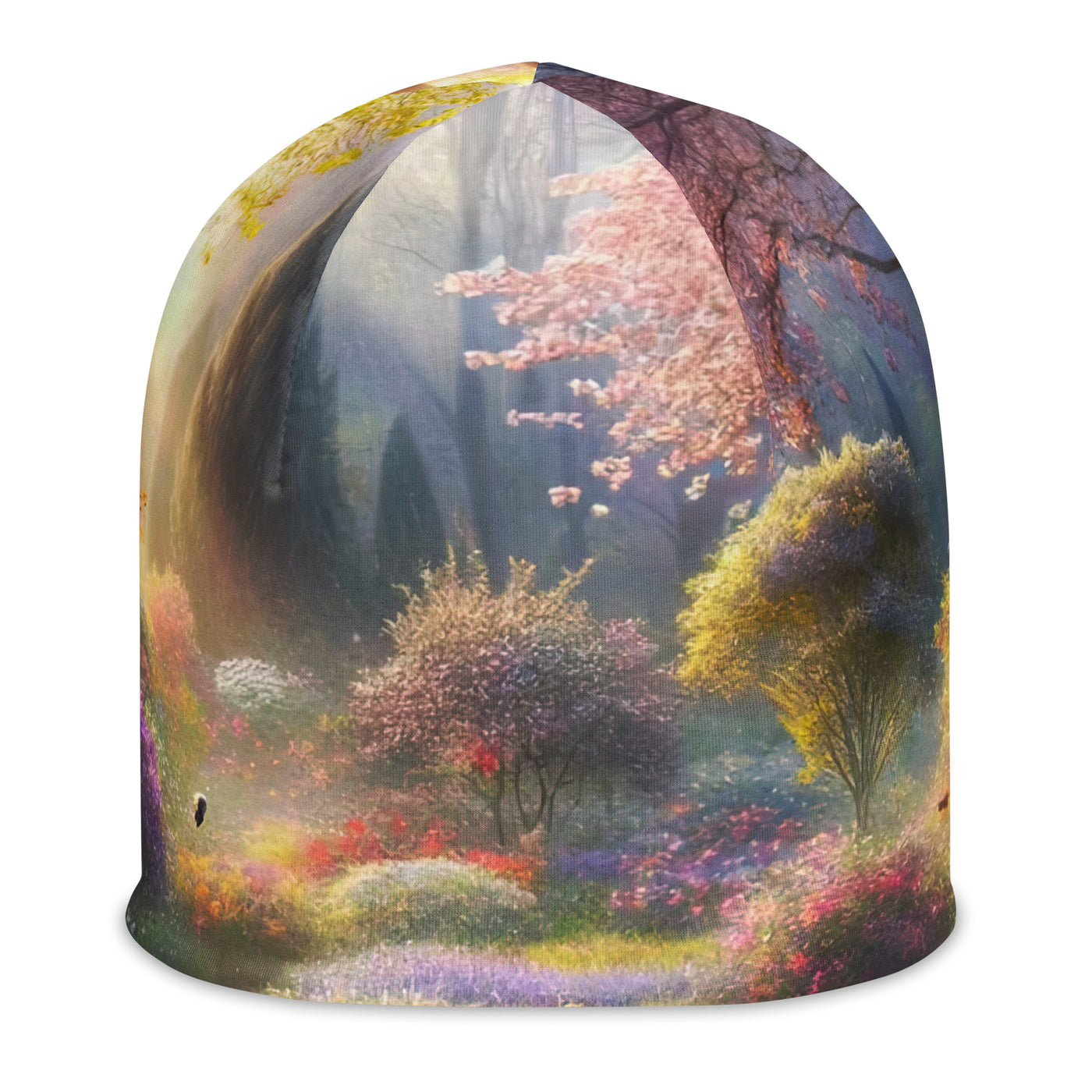 Foto einer Gartenszene im Frühling mit Weg durch blühende Rosen und Veilchen - Beanie (All-Over Print) camping xxx yyy zzz