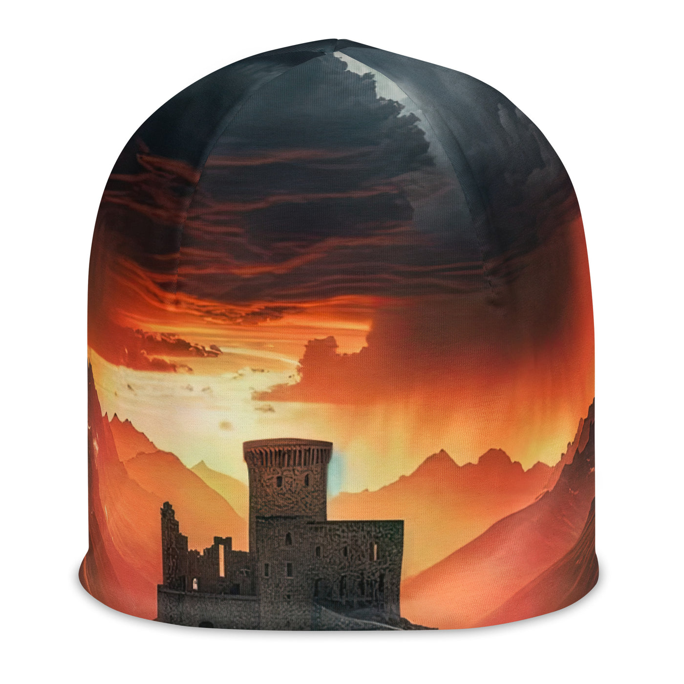 Foto einer Alpenburg bei stürmischem Sonnenuntergang, dramatische Wolken und Sonnenstrahlen - Beanie (All-Over Print) berge xxx yyy zzz