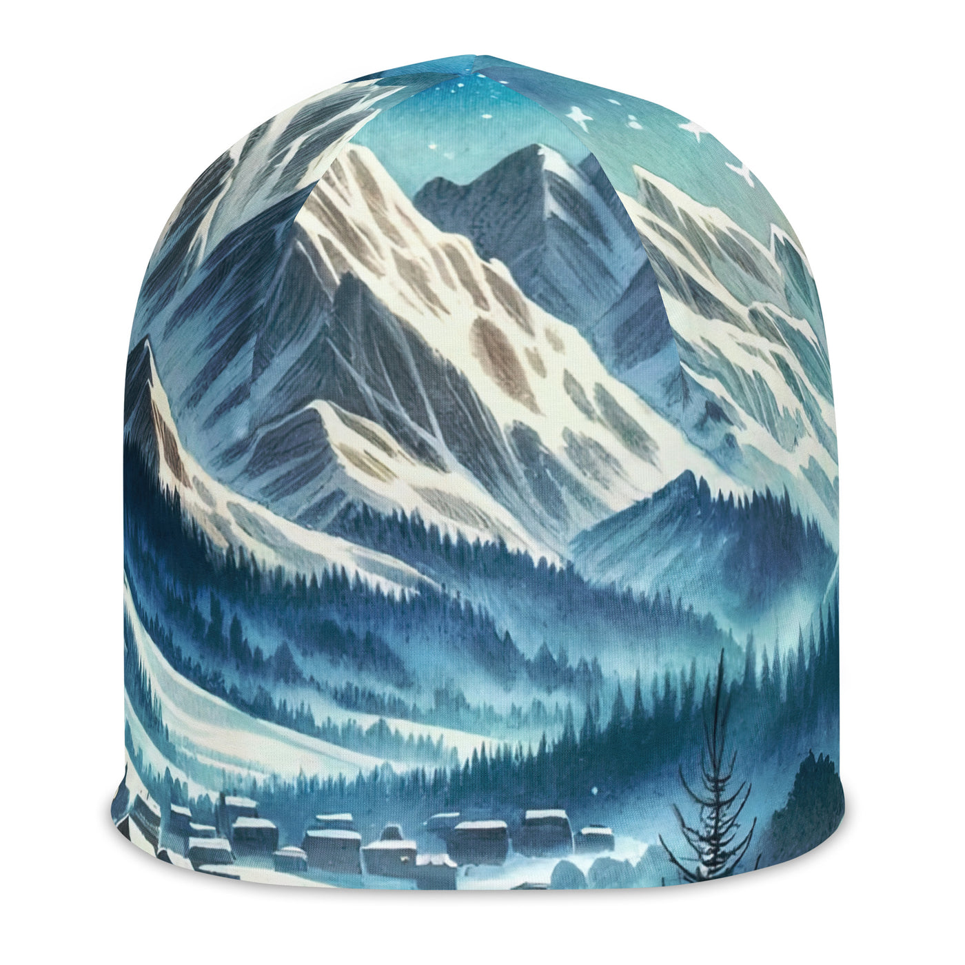 Aquarell eines Winterabends in den Alpen mit Lagerfeuer und Wanderern, glitzernder Neuschnee - Beanie (All-Over Print) camping xxx yyy zzz L