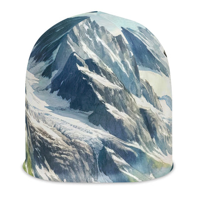 Aquarellmalerei eines Bären und der sommerlichen Alpenschönheit mit schneebedeckten Ketten - Beanie (All-Over Print) camping xxx yyy zzz
