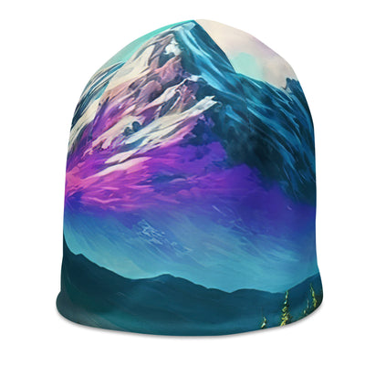 Berg, pinke Blumen und Wanderweg - Landschaftsmalerei - Beanie (All-Over Print) berge xxx