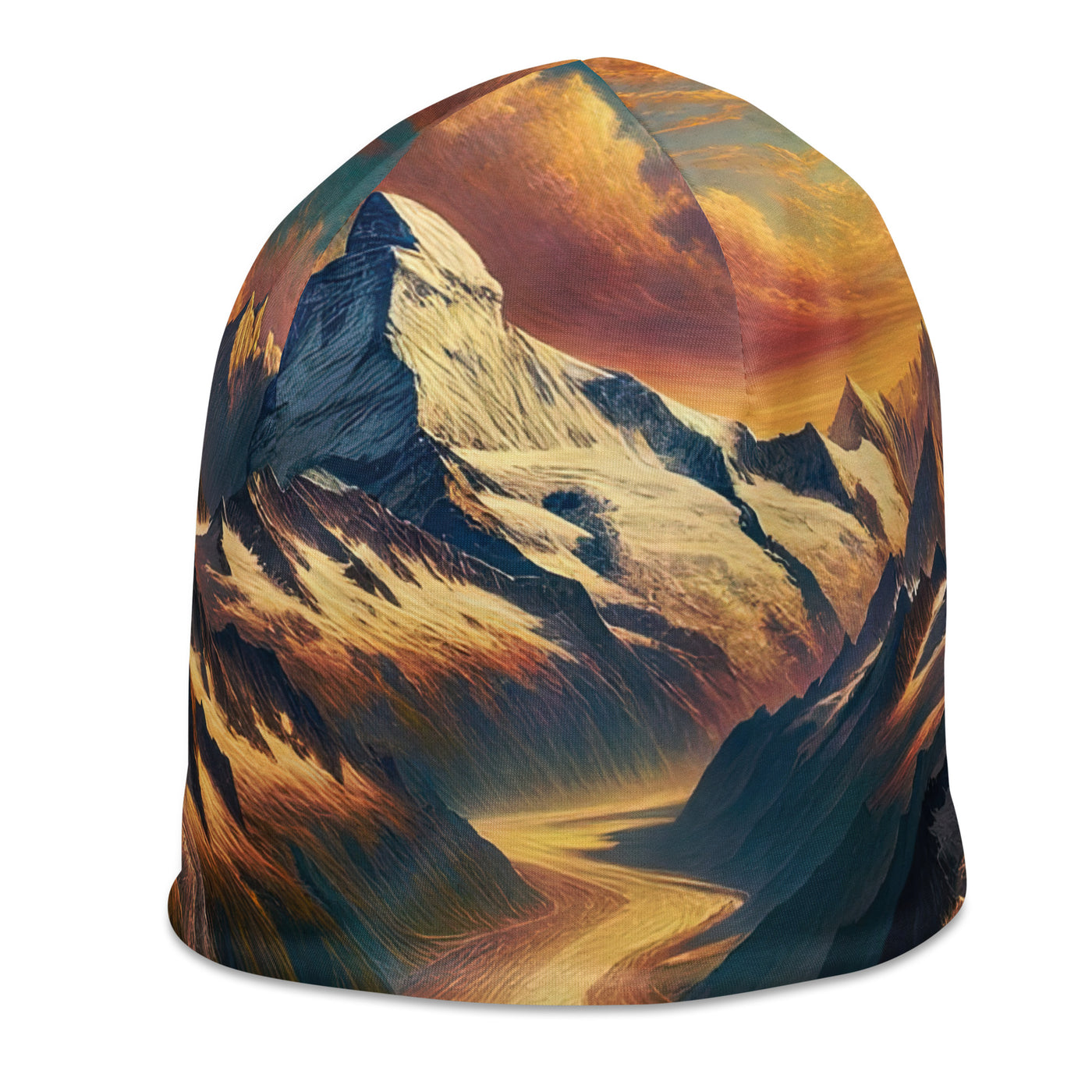 Ölgemälde eines Wanderers auf einem Hügel mit Panoramablick auf schneebedeckte Alpen und goldenen Himmel - Beanie (All-Over Print) wandern xxx yyy zzz