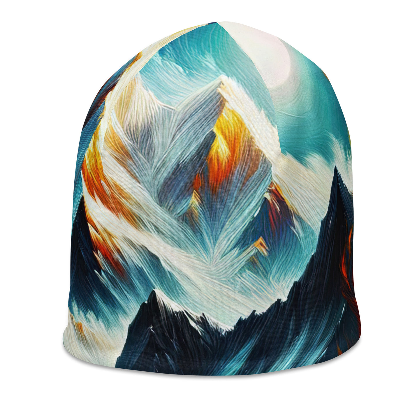 Ölgemälde von Feuer und Eis: Lagerfeuer und Alpen im Kontrast, warme Flammen - Beanie (All-Over Print) camping xxx yyy zzz