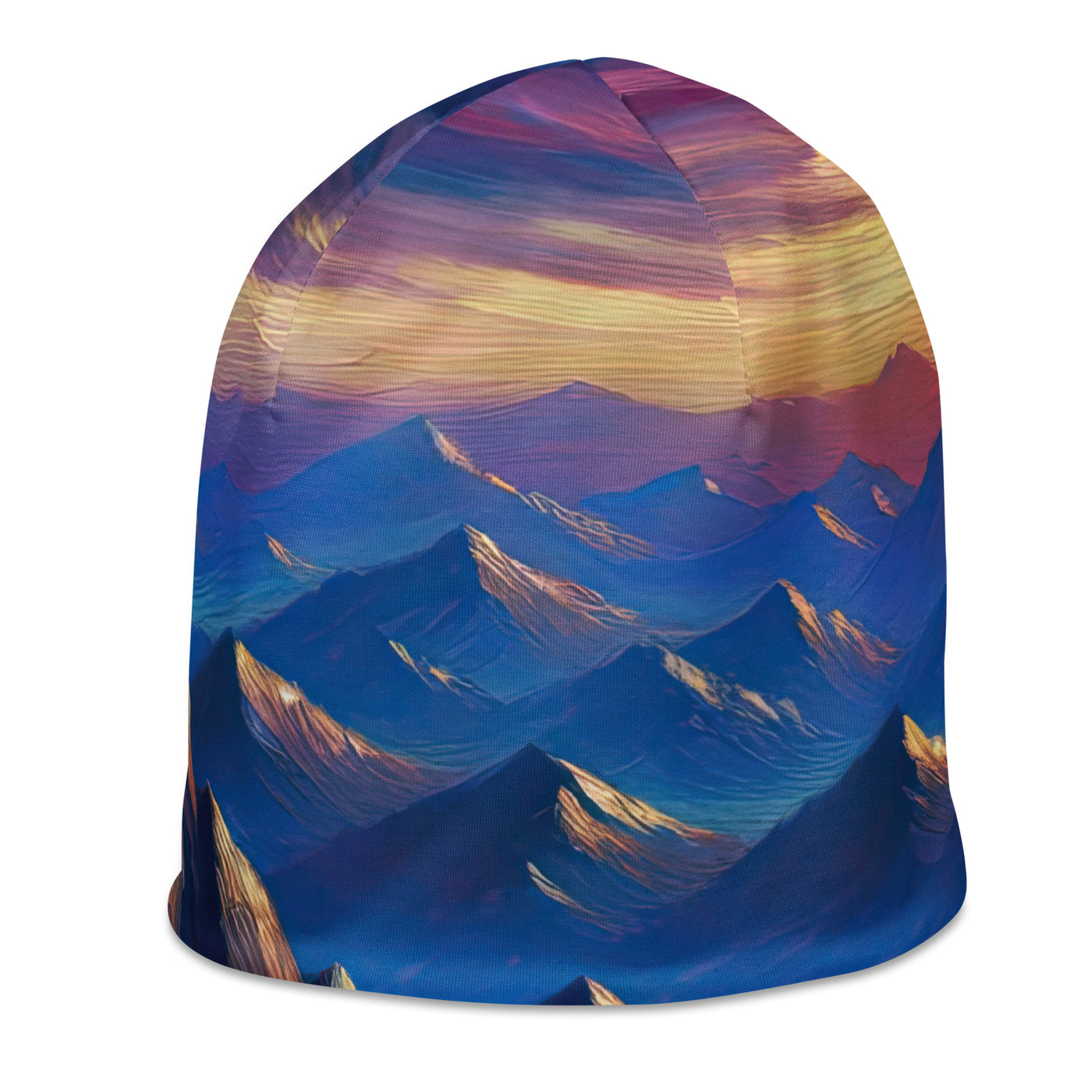 Ölgemälde eines ruhigen Alpenabends mit Bergsteigersilhouette auf dem Gipfel - Beanie (All-Over Print) wandern xxx yyy zzz