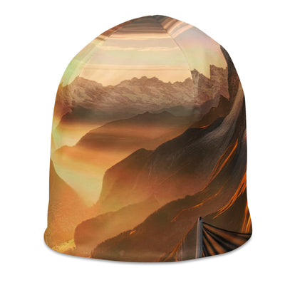 Foto der Alpen bei Sonnenuntergang mit deutscher Flagge und Wanderer, goldenes Licht auf Schneegipfeln - Beanie (All-Over Print) berge xxx yyy zzz