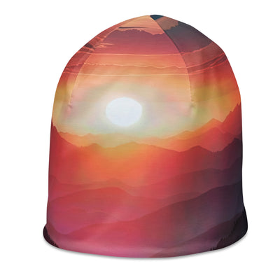 Foto der Alpenwildnis beim Sonnenuntergang, Himmel in warmen Orange-Tönen - Beanie (All-Over Print) berge xxx yyy zzz