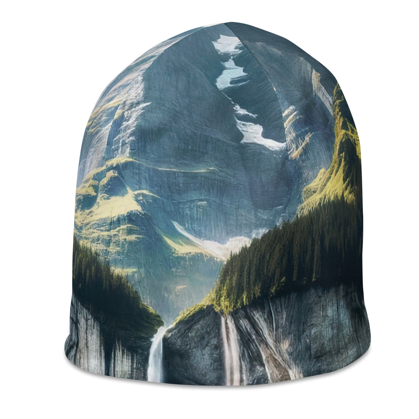 Foto der sommerlichen Alpen mit üppigen Gipfeln und Wasserfall - Beanie (All-Over Print) berge xxx yyy zzz