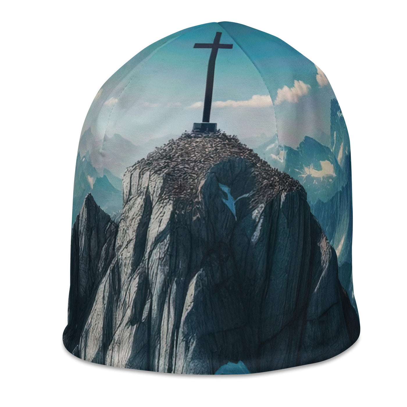 Foto der Alpen mit Gipfelkreuz an einem klaren Tag, schneebedeckte Spitzen vor blauem Himmel - Beanie (All-Over Print) berge xxx yyy zzz