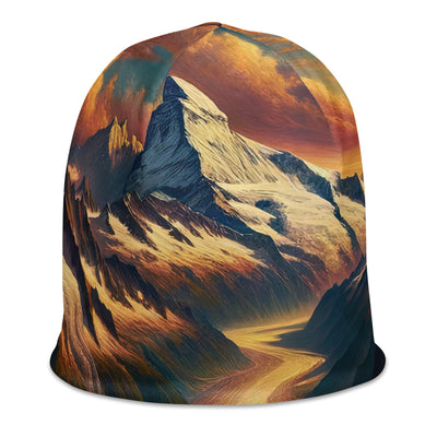 Ölgemälde eines Wanderers auf einem Hügel mit Panoramablick auf schneebedeckte Alpen und goldenen Himmel - Beanie (All-Over Print) wandern xxx yyy zzz