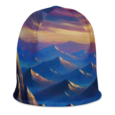 Ölgemälde eines ruhigen Alpenabends mit Bergsteigersilhouette auf dem Gipfel - Beanie (All-Over Print) wandern xxx yyy zzz