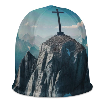 Foto der Alpen mit Gipfelkreuz an einem klaren Tag, schneebedeckte Spitzen vor blauem Himmel - Beanie (All-Over Print) berge xxx yyy zzz