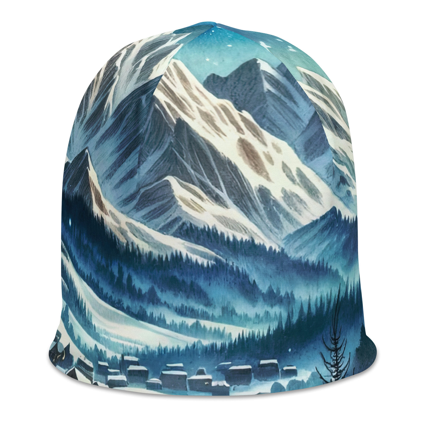 Aquarell eines Winterabends in den Alpen mit Lagerfeuer und Wanderern, glitzernder Neuschnee - Beanie (All-Over Print) camping xxx yyy zzz