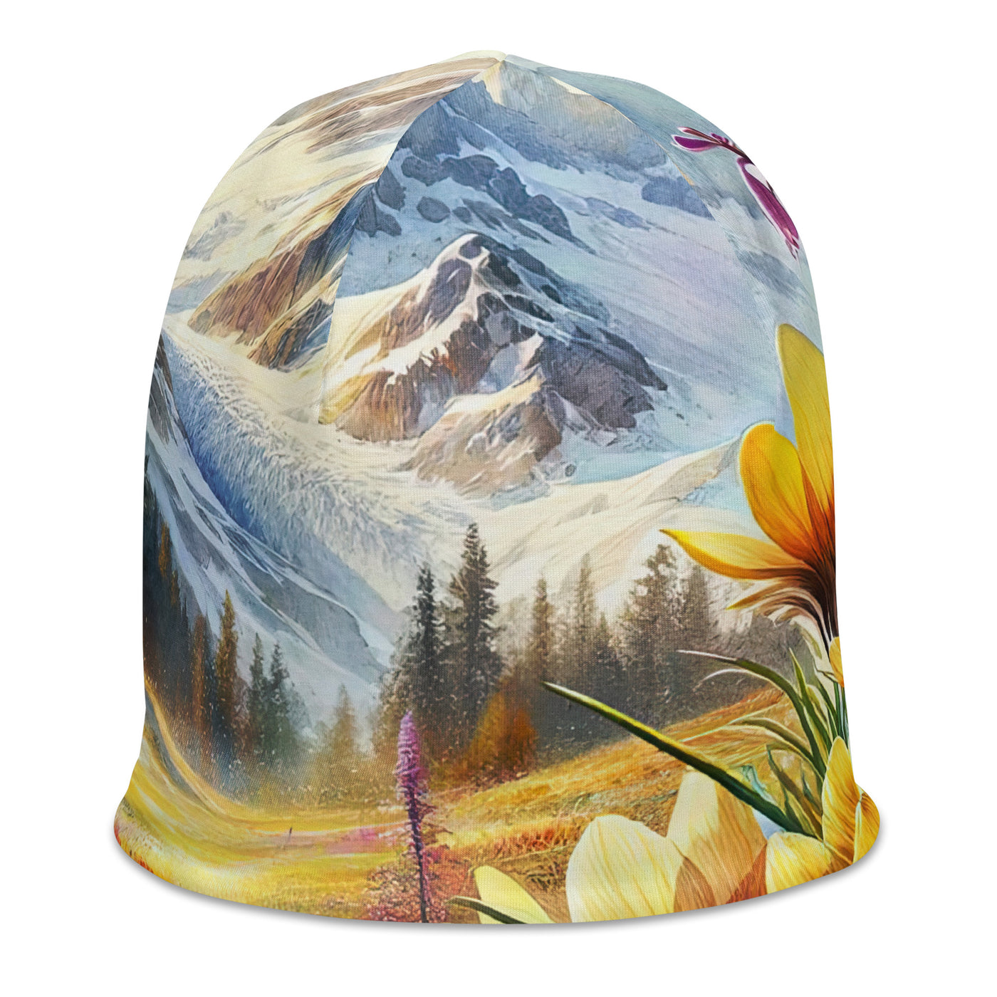 Aquarell einer ruhigen Almwiese, farbenfrohe Bergblumen in den Alpen - Beanie (All-Over Print) berge xxx yyy zzz