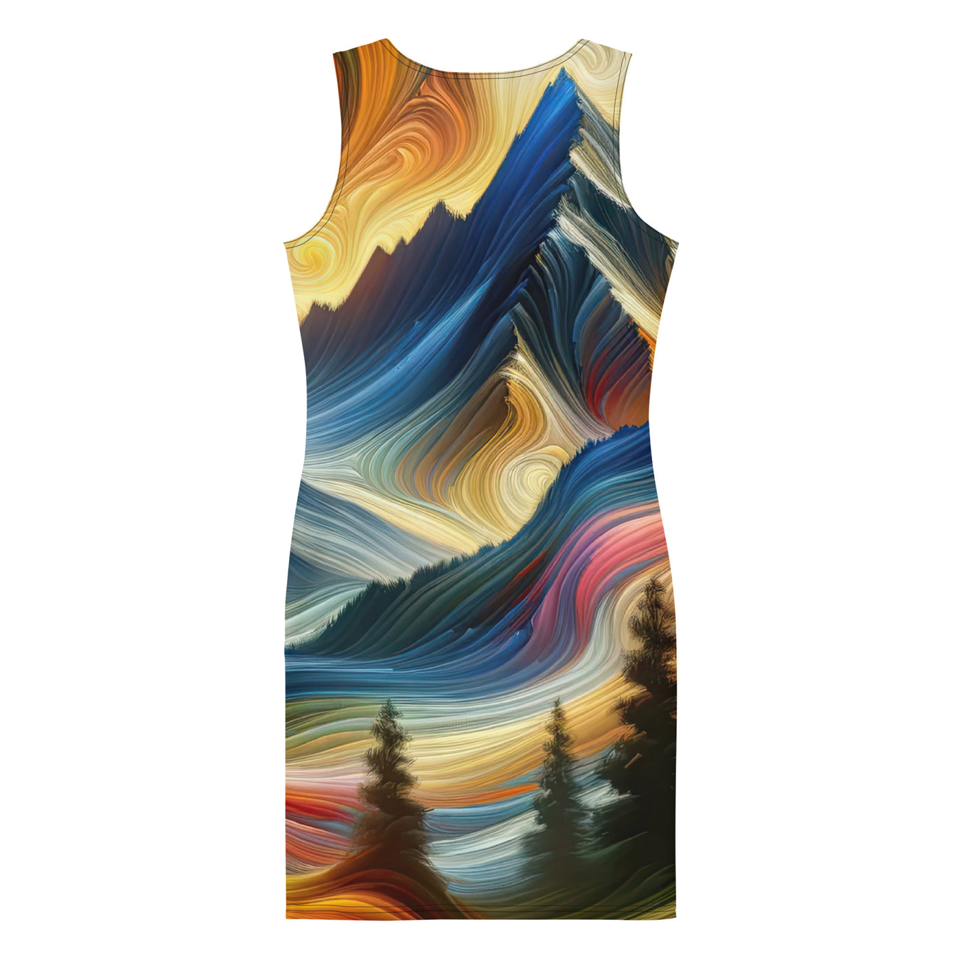 Abstraktes Kunstgemälde der Alpen mit wirbelnden, lebendigen Farben und dynamischen Mustern. Wanderer Silhouette - Langes Damen Kleid (All-Over Print) wandern xxx yyy zzz