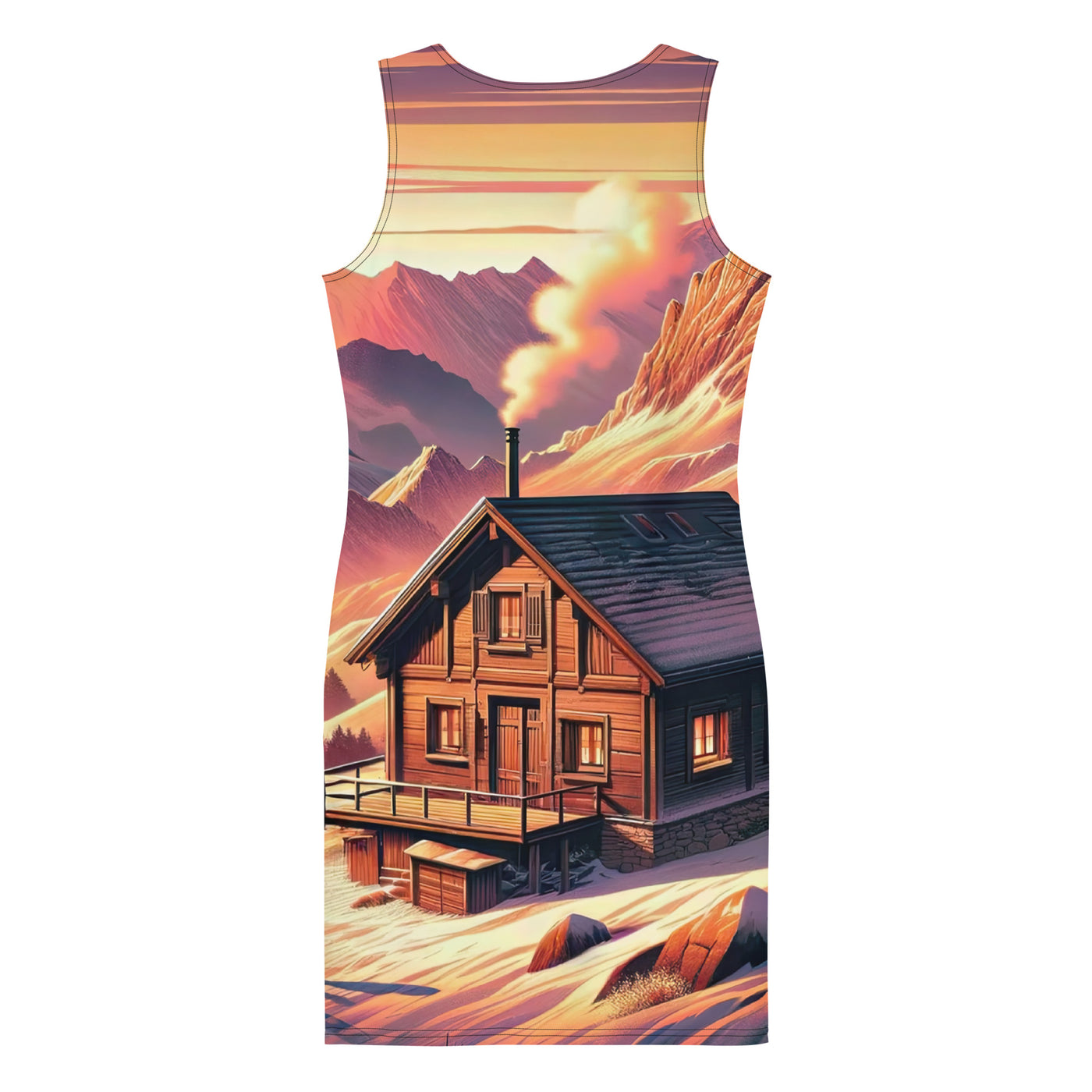 Berghütte im goldenen Sonnenuntergang: Digitale Alpenillustration - Langes Damen Kleid (All-Over Print) berge xxx yyy zzz