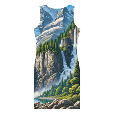 Illustration einer unberührten Alpenkulisse im Hochsommer. Wasserfall und See - Langes Damen Kleid (All-Over Print) berge xxx yyy zzz