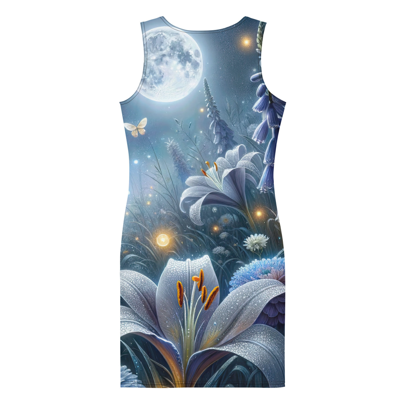 Ätherische Mondnacht auf blühender Wiese, silbriger Blumenglanz - Langes Damen Kleid (All-Over Print) camping xxx yyy zzz