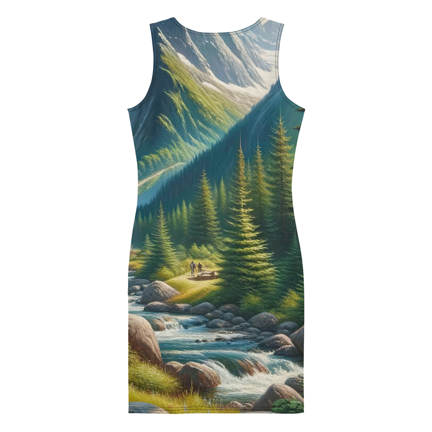 Ölgemälde der Alpensommerlandschaft mit Zelt, Gipfeln, Wäldern und Bächen - Langes Damen Kleid (All-Over Print) camping xxx yyy zzz