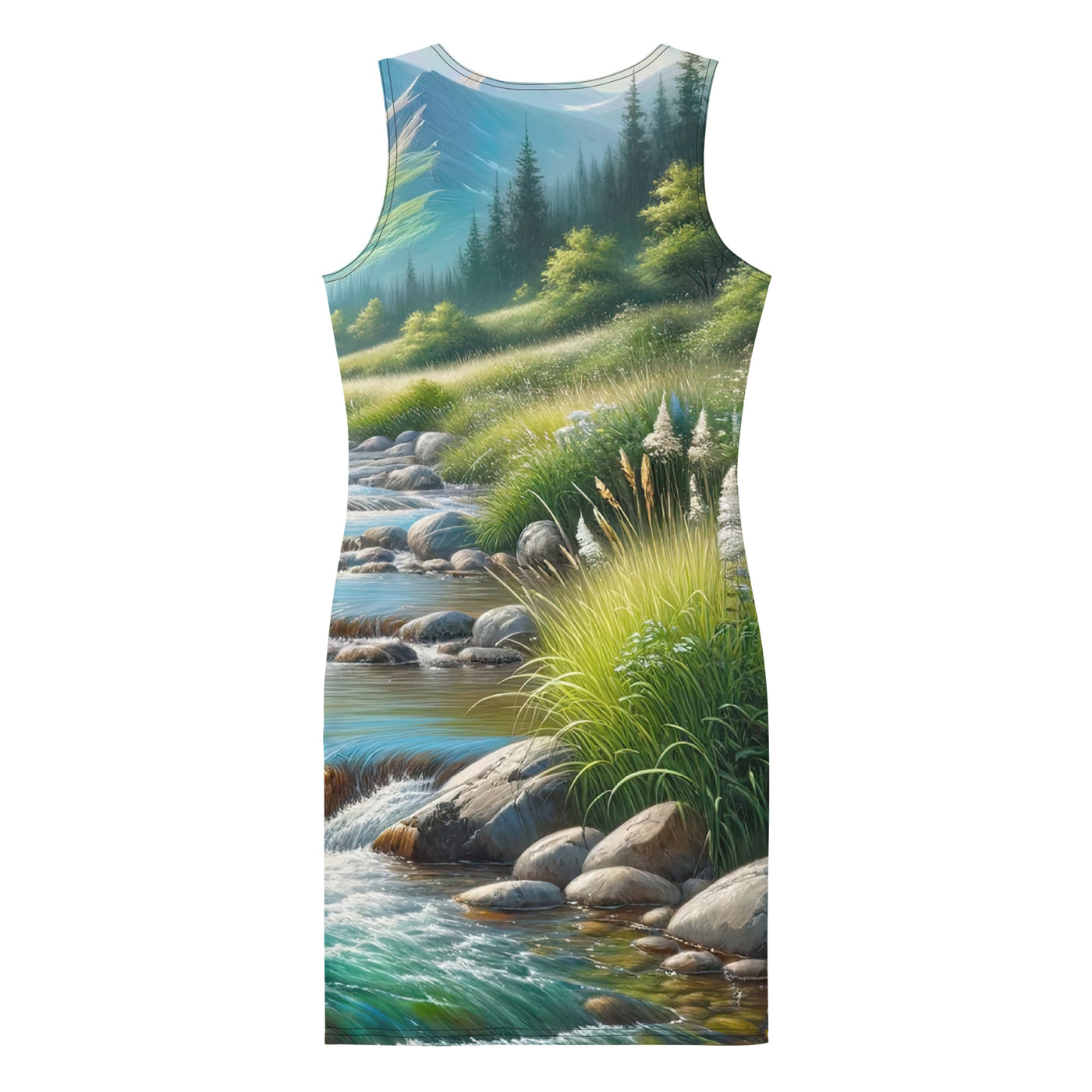 Sanfter Gebirgsbach in Ölgemälde, klares Wasser über glatten Felsen - Langes Damen Kleid (All-Over Print) berge xxx yyy zzz