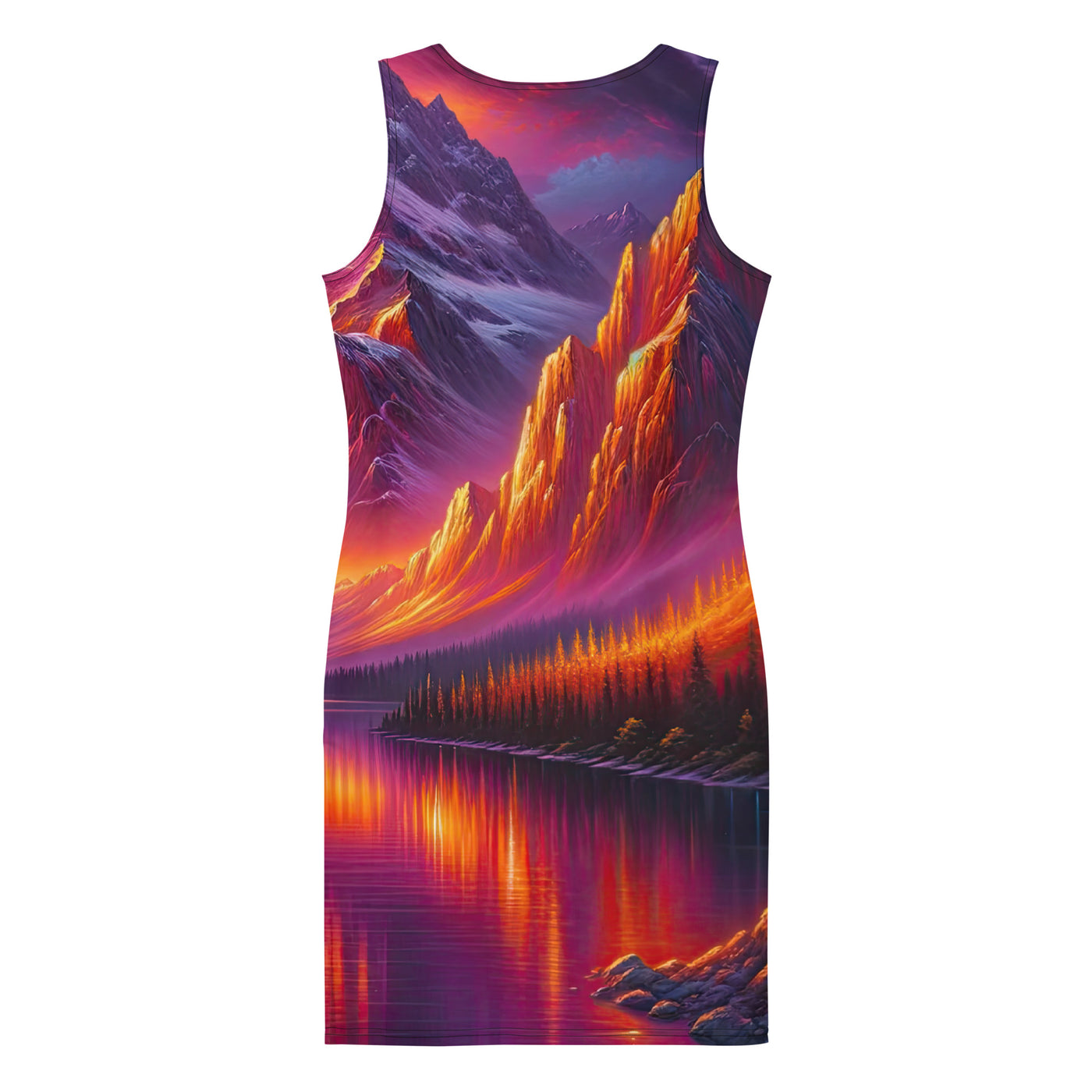 Ölgemälde eines Bootes auf einem Bergsee bei Sonnenuntergang, lebendige Orange-Lila Töne - Langes Damen Kleid (All-Over Print) berge xxx yyy zzz