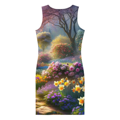 Foto einer Gartenszene im Frühling mit Weg durch blühende Rosen und Veilchen - Langes Damen Kleid (All-Over Print) camping xxx yyy zzz