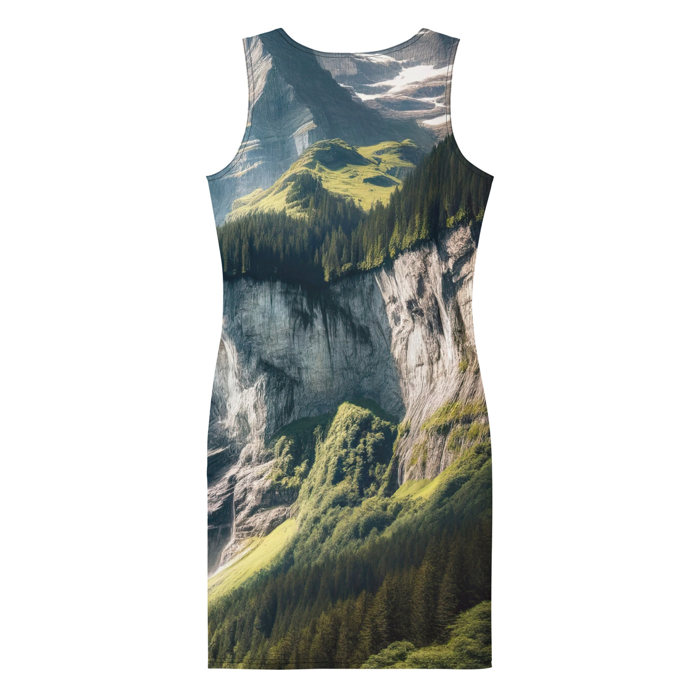 Foto der sommerlichen Alpen mit üppigen Gipfeln und Wasserfall - Langes Damen Kleid (All-Over Print) berge xxx yyy zzz