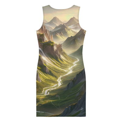 Fotorealistisches Bild der Alpen mit österreichischer Flagge, scharfen Gipfeln und grünen Tälern - Langes Damen Kleid (All-Over Print) berge xxx yyy zzz