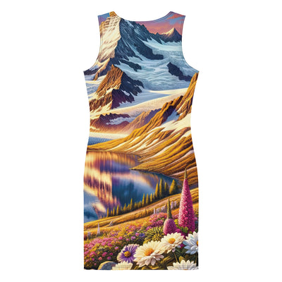 Quadratische Illustration der Alpen mit schneebedeckten Gipfeln und Wildblumen - Langes Damen Kleid (All-Over Print) berge xxx yyy zzz