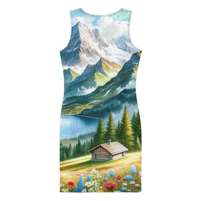 Quadratisches Aquarell der Alpen, Berge mit schneebedeckten Spitzen - Langes Damen Kleid (All-Over Print) berge xxx yyy zzz