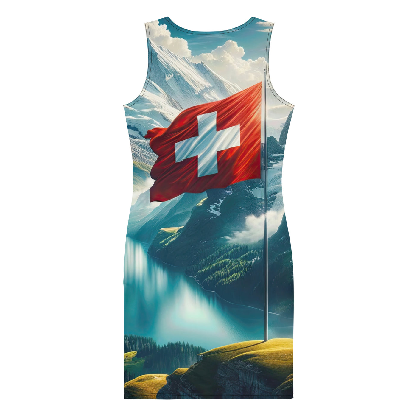 Ultraepische, fotorealistische Darstellung der Schweizer Alpenlandschaft mit Schweizer Flagge - Langes Damen Kleid (All-Over Print) berge xxx yyy zzz