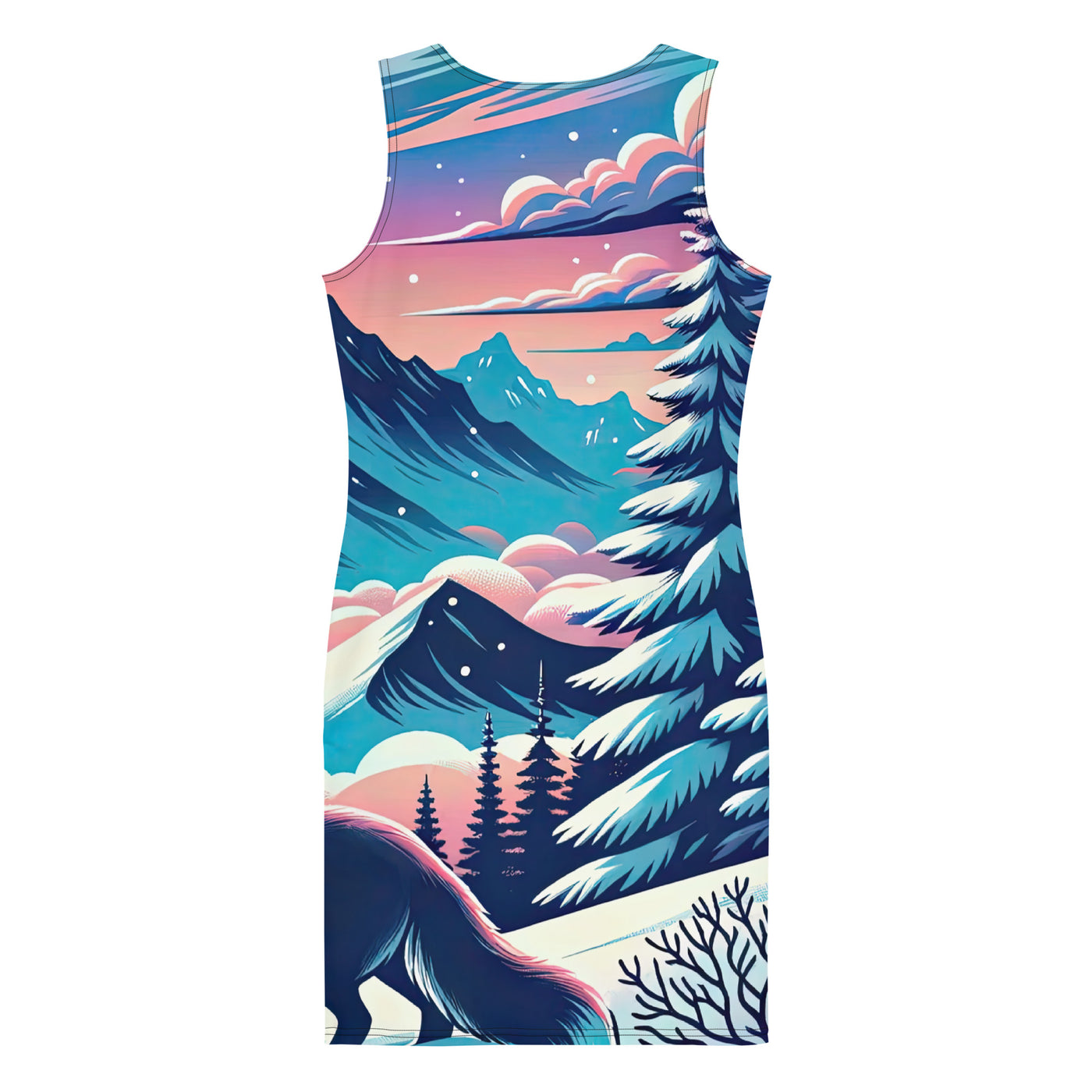 Vektorgrafik eines alpinen Winterwunderlandes mit schneebedeckten Kiefern und einem Fuchs - Langes Damen Kleid (All-Over Print) camping xxx yyy zzz