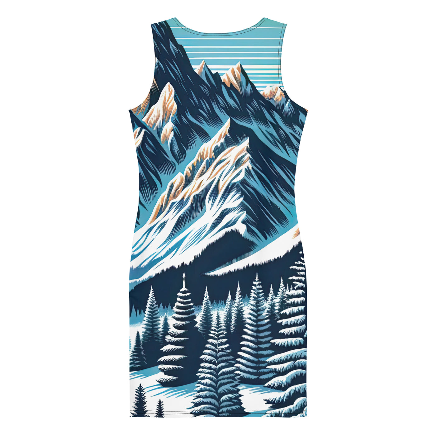 Vektorgrafik eines Wolfes im winterlichen Alpenmorgen, Berge mit Schnee- und Felsmustern - Langes Damen Kleid (All-Over Print) berge xxx yyy zzz