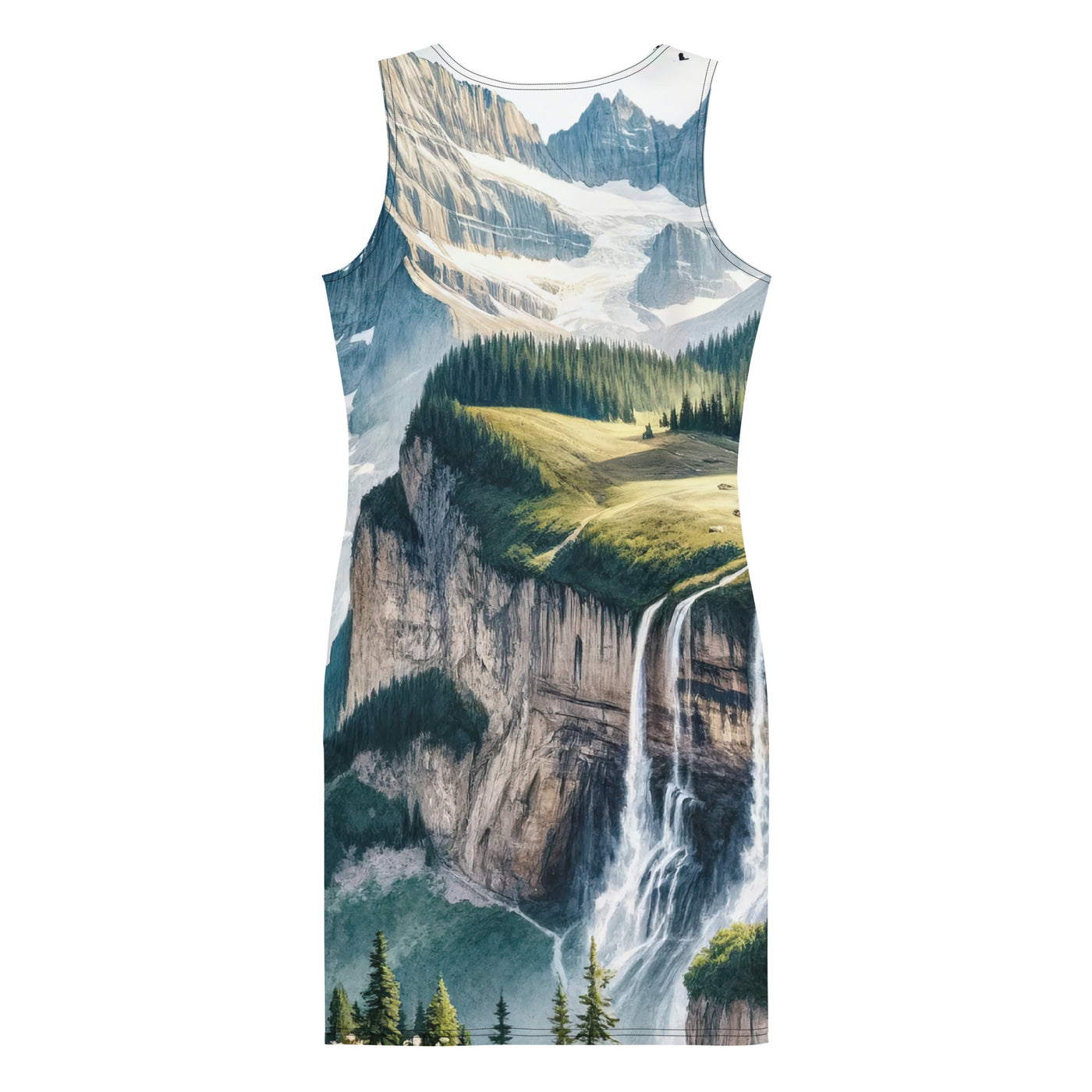 Aquarell-Panoramablick der Alpen mit schneebedeckten Gipfeln, Wasserfällen und Wanderern - Langes Damen Kleid (All-Over Print) wandern xxx yyy zzz