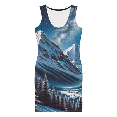 Sternennacht und Eisbär: Acrylgemälde mit Milchstraße, Alpen und schneebedeckte Gipfel - Langes Damen Kleid (All-Over Print) camping xxx yyy zzz XL