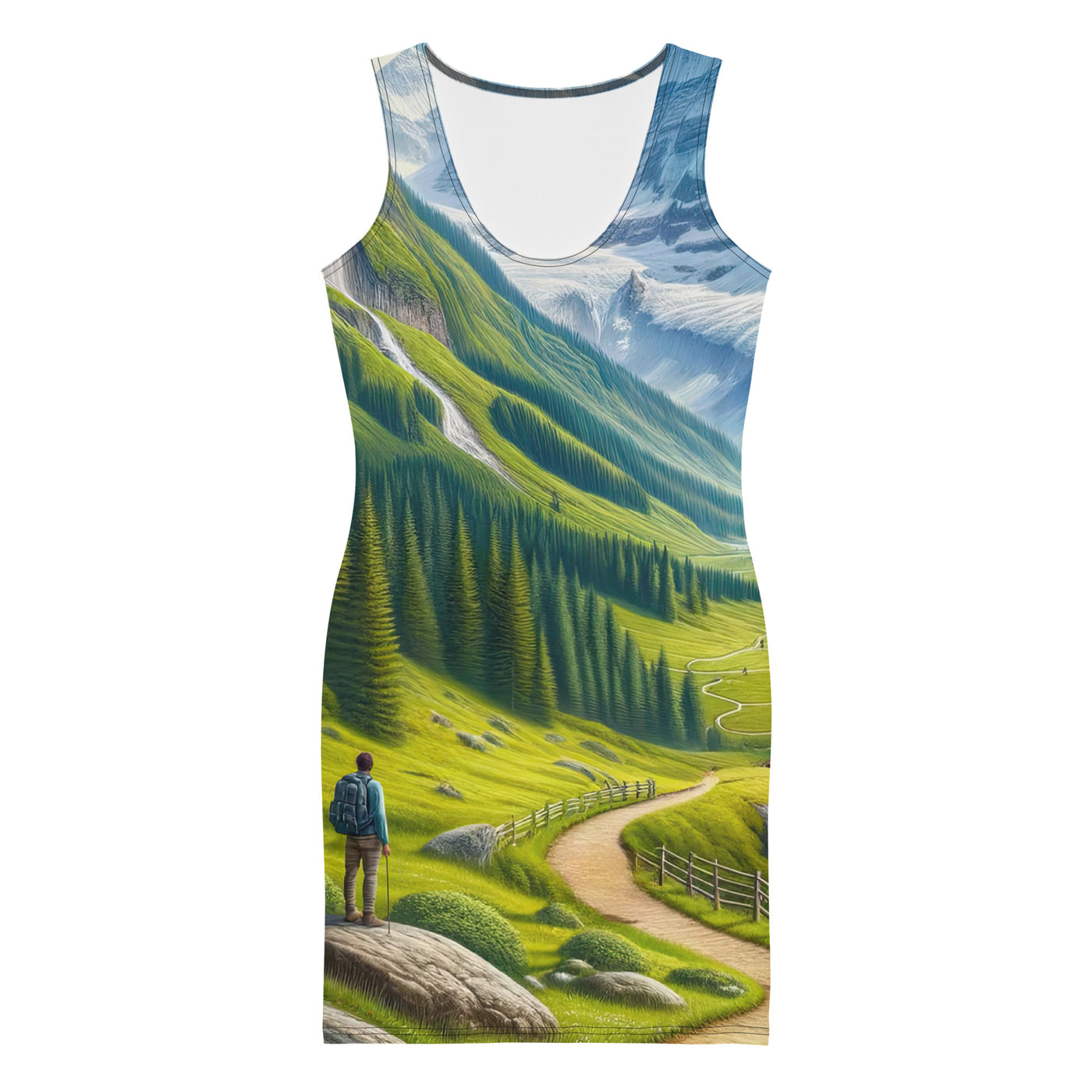 Wanderer in den Bergen und Wald: Digitale Malerei mit grünen kurvenreichen Pfaden - Langes Damen Kleid (All-Over Print) wandern xxx yyy zzz XL