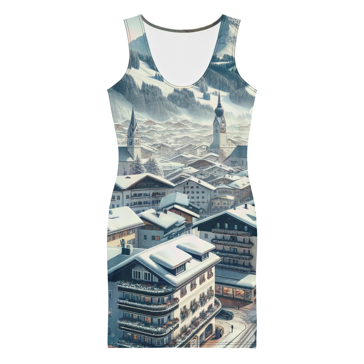Winter in Kitzbühel: Digitale Malerei von schneebedeckten Dächern - Langes Damen Kleid (All-Over Print) berge xxx yyy zzz XL