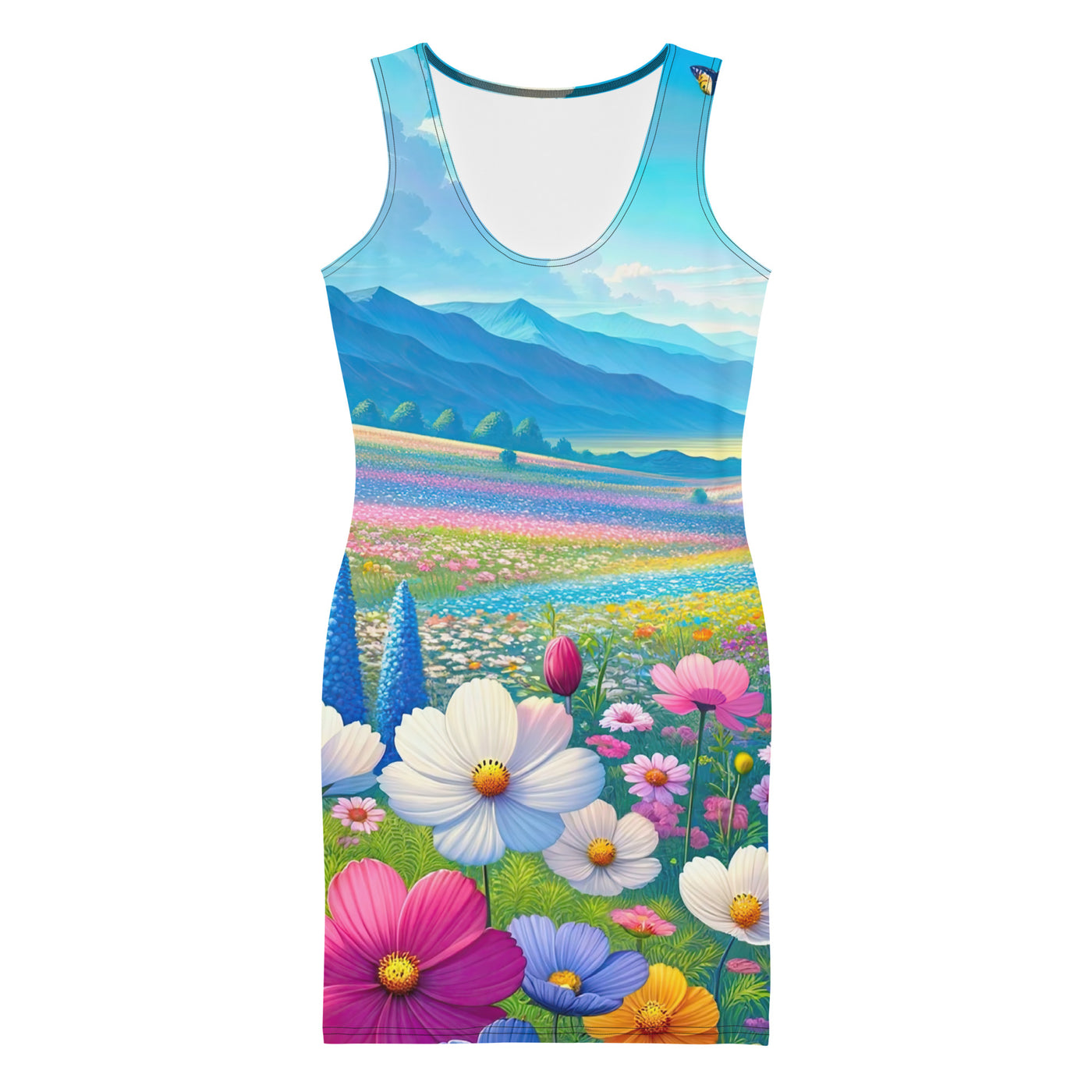 Weitläufiges Blumenfeld unter himmelblauem Himmel, leuchtende Flora - Langes Damen Kleid (All-Over Print) camping xxx yyy zzz XL