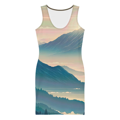 Bergszene bei Morgendämmerung, erste Sonnenstrahlen auf Bergrücken - Langes Damen Kleid (All-Over Print) berge xxx yyy zzz