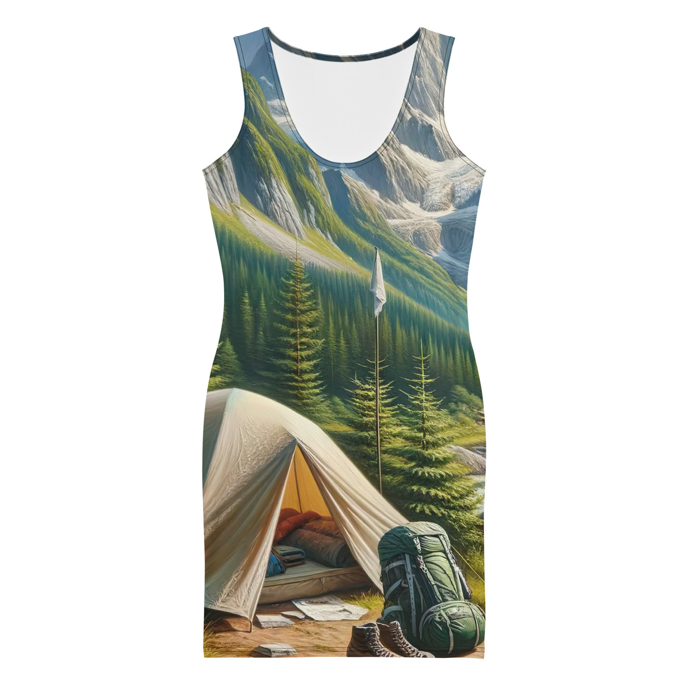 Ölgemälde der Alpensommerlandschaft mit Zelt, Gipfeln, Wäldern und Bächen - Langes Damen Kleid (All-Over Print) camping xxx yyy zzz