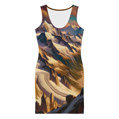Ölgemälde eines Wanderers auf einem Hügel mit Panoramablick auf schneebedeckte Alpen und goldenen Himmel - Langes Damen Kleid (All-Over Print) wandern xxx yyy zzz