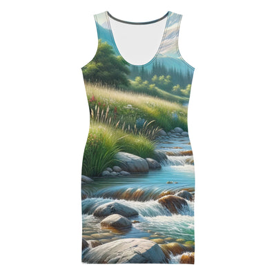 Sanfter Gebirgsbach in Ölgemälde, klares Wasser über glatten Felsen - Langes Damen Kleid (All-Over Print) berge xxx yyy zzz XL
