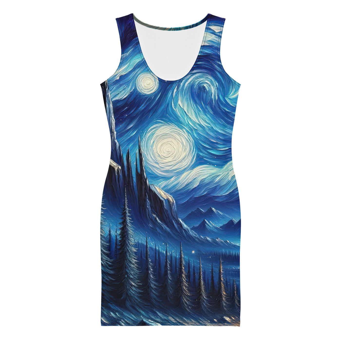 Sternennacht-Stil Ölgemälde der Alpen, himmlische Wirbelmuster - Langes Damen Kleid (All-Over Print) berge xxx yyy zzz XL