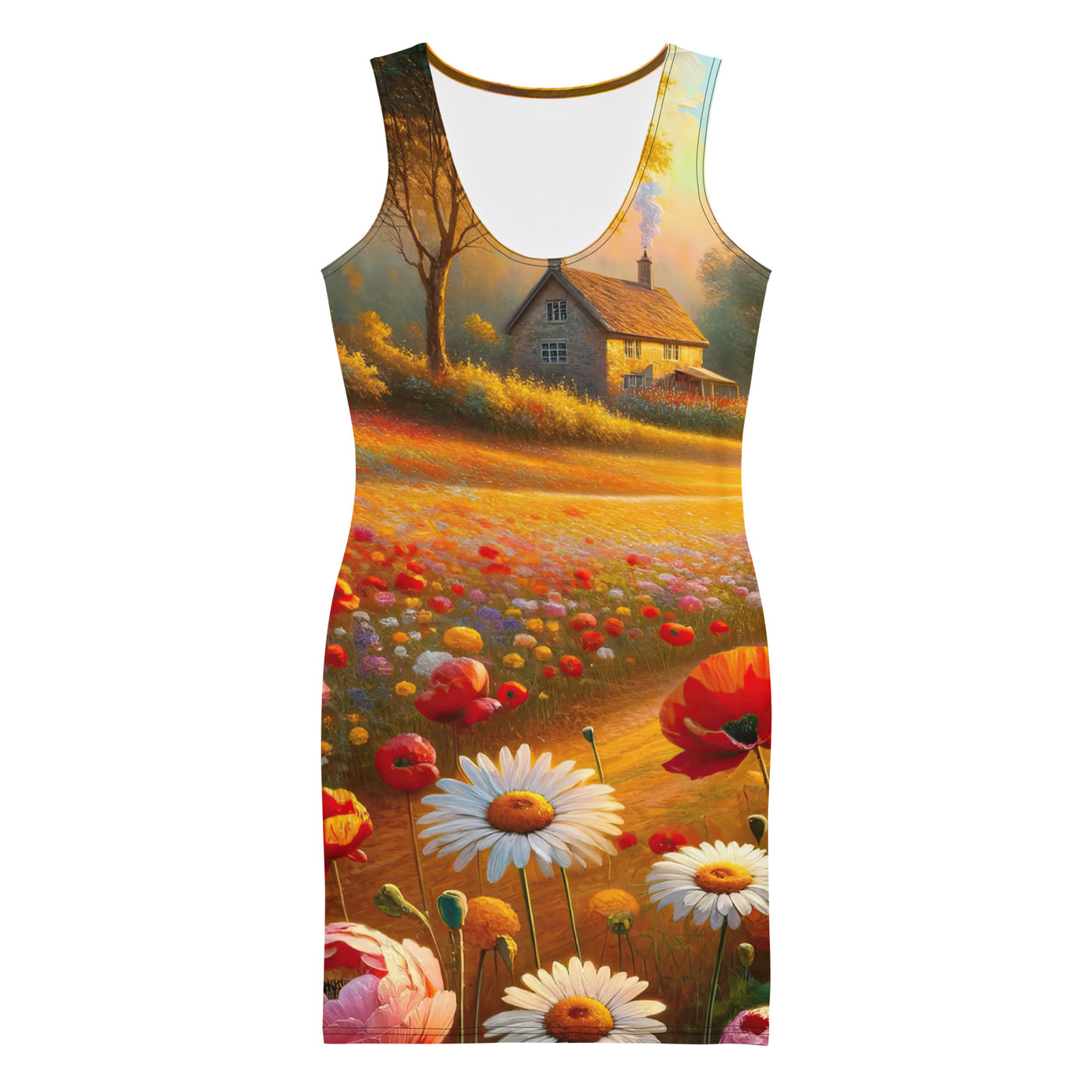 Ölgemälde eines Blumenfeldes im Sonnenuntergang, leuchtende Farbpalette - Langes Damen Kleid (All-Over Print) camping xxx yyy zzz