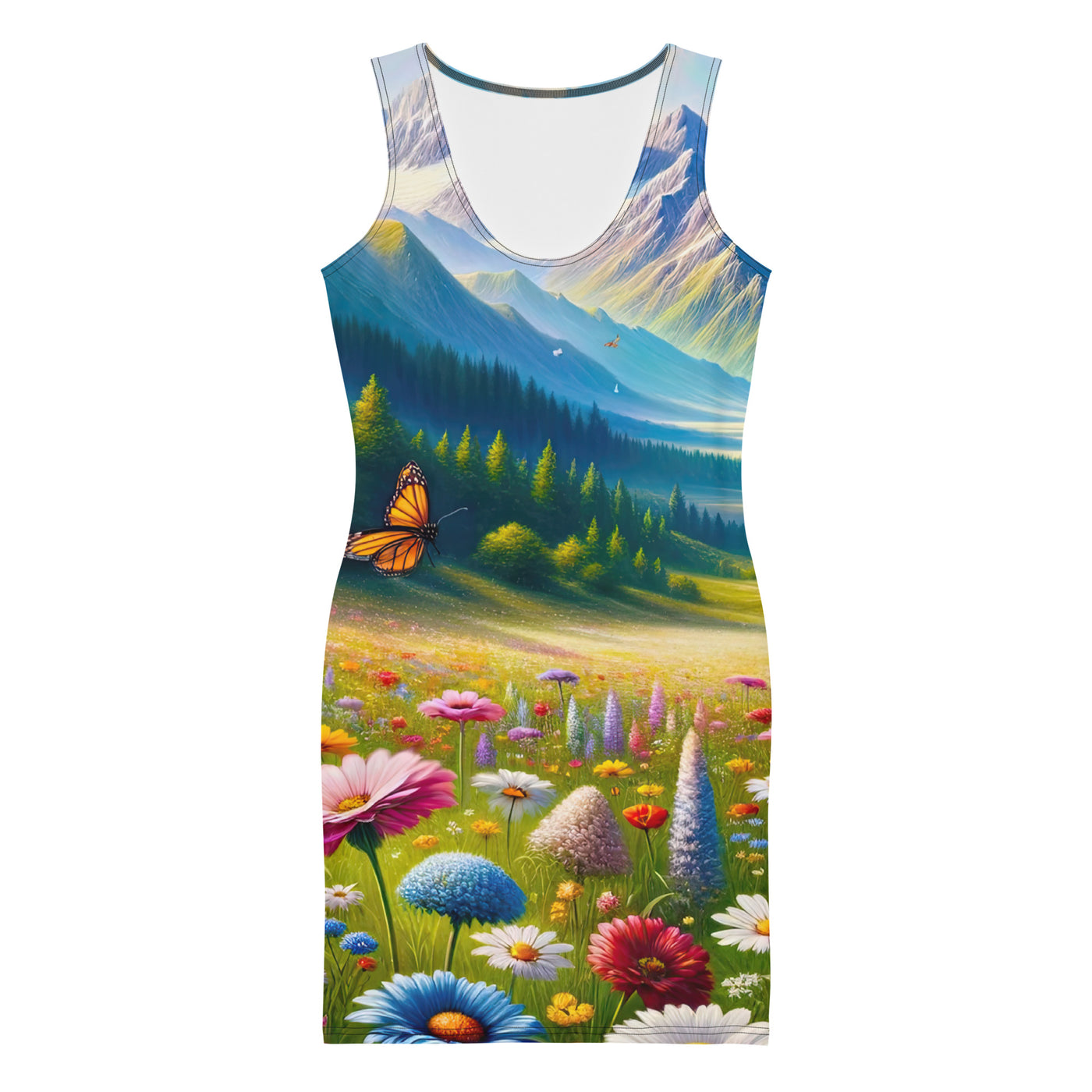 Ölgemälde einer ruhigen Almwiese, Oase mit bunter Wildblumenpracht - Langes Damen Kleid (All-Over Print) camping xxx yyy zzz XL